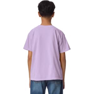 A youth short sleeve t-shirt in light purple, featuring a plain back design and relaxed fit. Includes a logo.