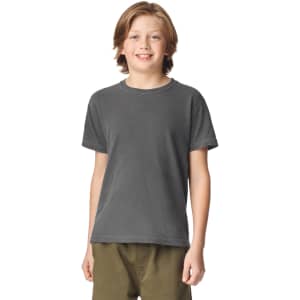 A youth short sleeve T-shirt in dark grey, featuring a classic crew neckline and has a logo.