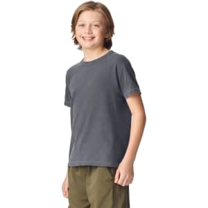 A grey youth short sleeve t-shirt displayed on a smiling child, featuring a simple design and crew neck.