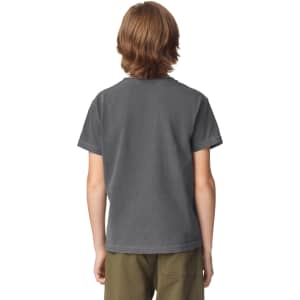 A youth short sleeve t-shirt in a dark grey colour, featuring a logo on the back.