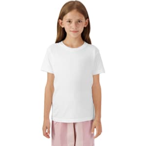 A youth short sleeve t-shirt in white, featuring a simple design and includes a logo.