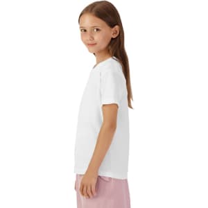 A youth short sleeve t-shirt in white, displayed on a model with long brown hair, featuring a simple design.