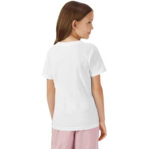 A white youth short sleeve t-shirt viewed from the back. The shirt has a logo on the back.