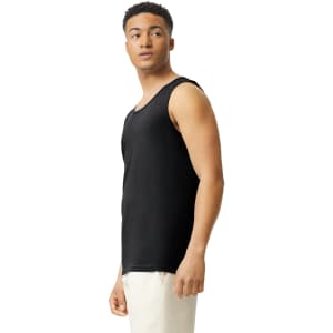 A black adult tank top displayed on a model facing sideways, featuring a logo on the fabric.