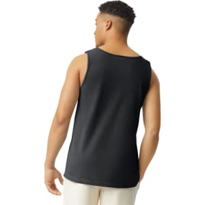 A black adult tank top, featuring a back view. The fabric appears soft, with a simple design and a logo.