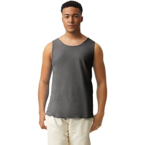 A grey adult tank top with a casual design, featuring a logo on the front. Suitable for warm weather wear.