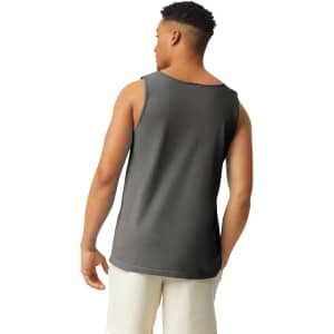 A grey adult tank top with a relaxed fit, featuring a simple design and a logo on the back.
