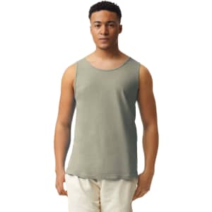 A light grey adult tank top featuring a simple design and a standard fit. It has a logo on the side.