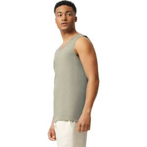 A light green adult tank top shown from the side, featuring a logo on the fabric.
