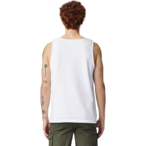 A man wearing a white adult tank top, showcasing a plain back view, with tattoos visible on his arms.