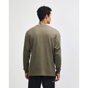 An olive green long-sleeve heavyweight T-shirt with a plain back, featuring a logo at the neckline.