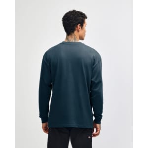 A navy blue super heavyweight T-shirt viewed from the back, featuring long sleeves and a plain design.
