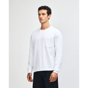 A light grey long-sleeve T-shirt with a single chest pocket, featuring a brand logo on the shirt.