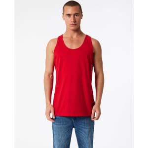 A red unisex fine jersey tank top displayed on a model, featuring a logo on the garment.