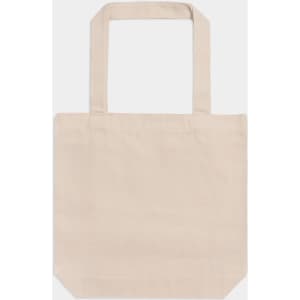 A beige American Apparel tote bag with two shoulder straps and a plain design. It features a logo on one side.