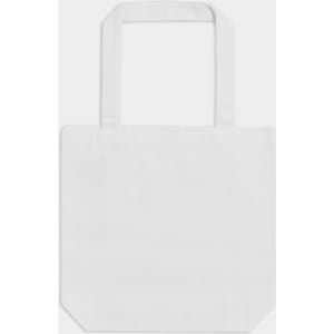 A white tote bag with two handles and a simple design. It has a logo on one side.