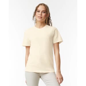 A heavyweight adult t-shirt in a light cream colour, featuring a classic fit and short sleeves.