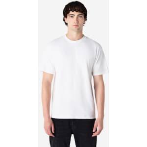 A white Gildan Hammer adult T-shirt worn by a model, featuring a simple design and standard fit.