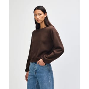 A brown women's crewneck sweatshirt with long sleeves, featuring a fitted hemline. The model is wearing denim jeans.