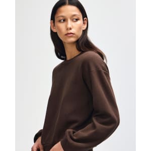 A brown women's crewneck sweatshirt with a relaxed fit, featuring long sleeves and a subtle logo.