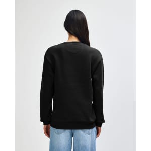 A unisex crewneck sweatshirt in black, featuring long sleeves and a relaxed fit, with a logo on the back.