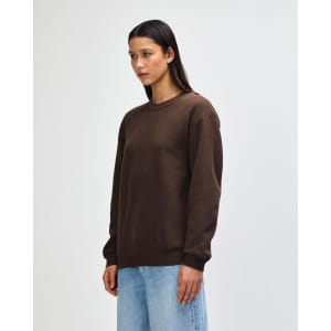 A unisex crewneck sweatshirt in brown, featuring a side view with a model wearing it, showcasing its relaxed fit.