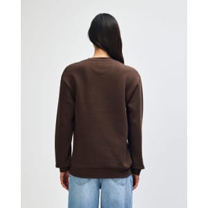 A unisex crewneck sweatshirt in brown, featuring long sleeves and a relaxed fit, with a logo on the back.