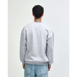 A unisex crewneck sweatshirt in grey, featuring a simple design and a logo on the back.