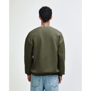 A unisex crewneck sweatshirt in olive green, featuring a relaxed fit and long sleeves, with a plain back view.