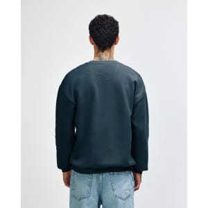A unisex crewneck sweatshirt in dark blue, featuring a plain design and a logo on the back.