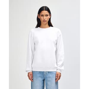 A unisex crewneck sweatshirt in white, featuring a ribbed hem and cuffs, with a logo present.