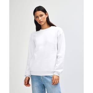 A white unisex crewneck sweatshirt with a relaxed fit, featuring long sleeves and a simple design.
