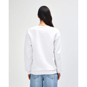 A unisex crewneck sweatshirt in white, featuring a simple design and a branded logo.