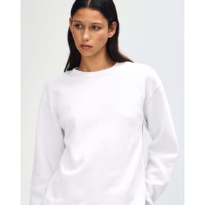 A unisex white crewneck sweatshirt, featuring a relaxed fit and a branding logo.
