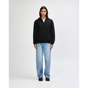 A black unisex hooded sweat with a full zip, featuring a simple design and a back view of the model.
