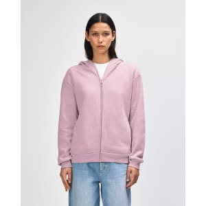 A unisex full zip hooded sweatshirt in a soft pink colour, featuring a hood and a relaxed fit.