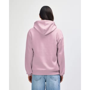 A unisex full zip hooded sweatshirt in a soft pink shade, showcasing a plain back view. It has a logo on the hood.