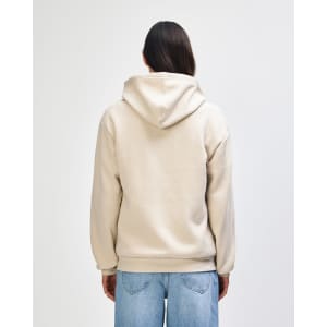 A unisex full zip hooded sweatshirt in a light beige colour, featuring a logo on the back.