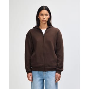 A unisex full zip hooded sweatshirt in dark brown, featuring a hood and a simple design. Includes branding.