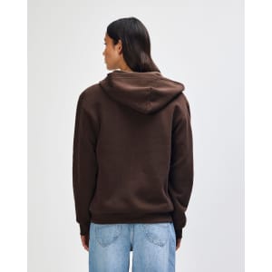 A brown unisex full zip hooded sweatshirt with a hood and ribbed cuffs, viewed from the back.