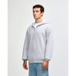 A unisex full zip hooded sweatshirt in light grey, featuring a relaxed fit and pockets, with visible branding.