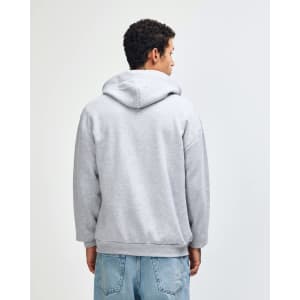 A unisex full zip hooded sweatshirt in grey, featuring a hood at the back and a logo.