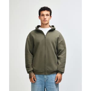 A unisex full zip hooded sweatshirt in olive green, featuring a hood and front zipper. It has a logo on it.