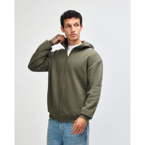 A unisex full zip hooded sweatshirt in olive green, featuring a hood and a zip closure. It includes a logo.