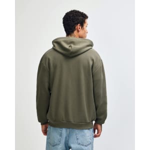 A unisex full zip hooded sweatshirt in olive green, featuring a hood and a logo on the back.