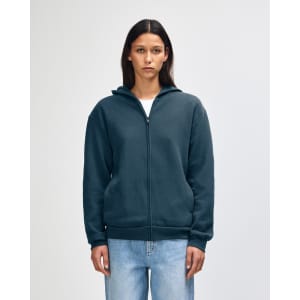 A navy full zip hooded sweatshirt with a front zipper and a hood, featuring a logo.