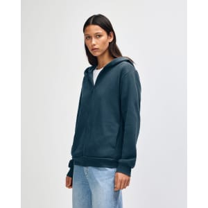 A unisex full zip hooded sweatshirt in navy blue, featuring a front zipper and a logo.