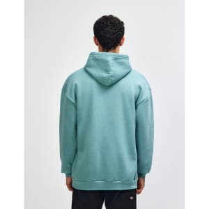 A unisex hooded sweatshirt in a soft green colour, featuring a spacious hood and a relaxed fit.