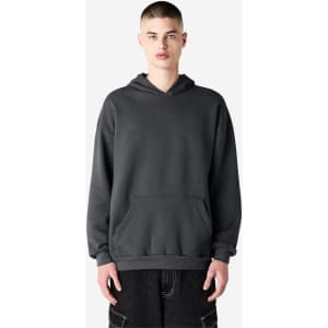 A unisex hoodie in dark grey featuring a front pocket and a drawstring hood. It has a brand logo.