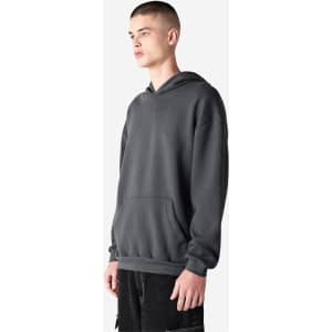 A unisex hooded sweatshirt in a dark grey colour, featuring a pouch pocket and a logo.